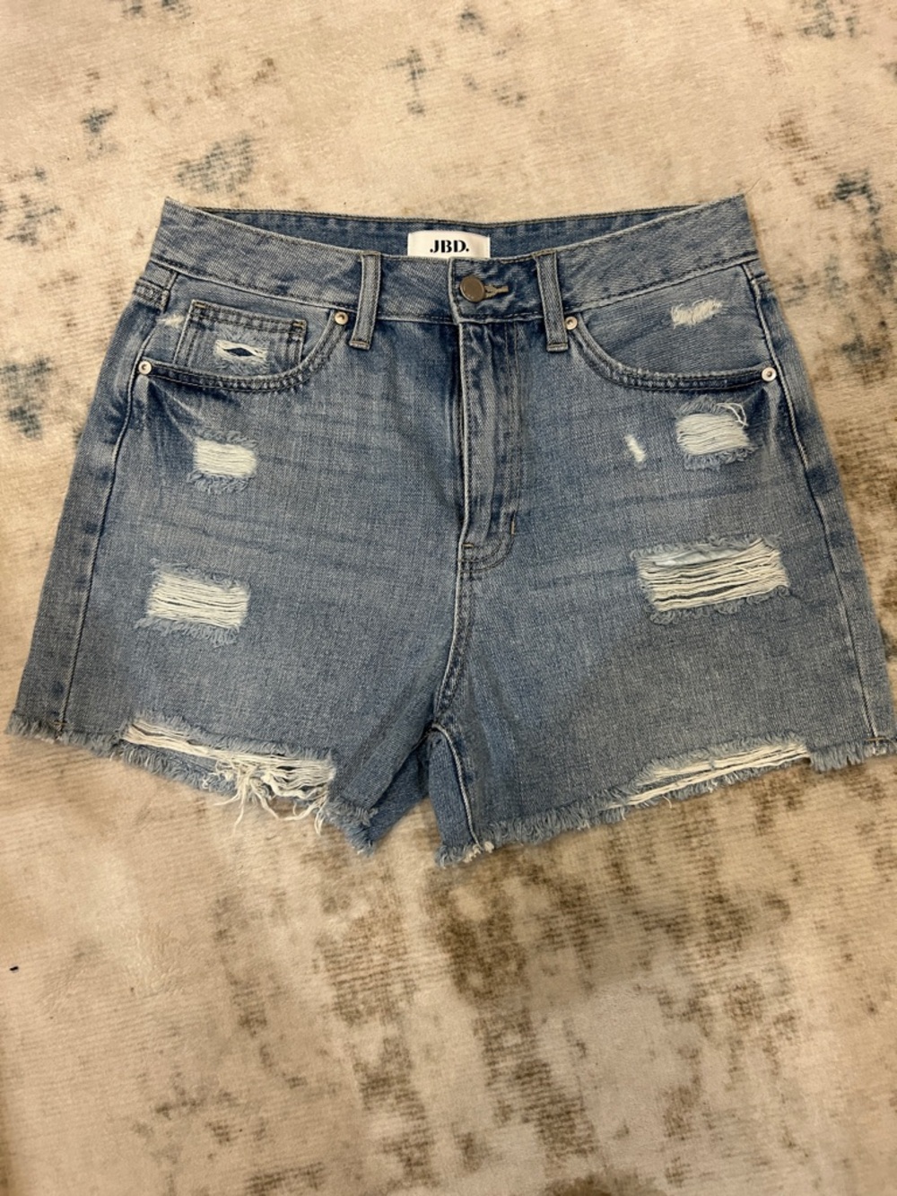 High-Rise Distressed Denim Shorts - Light Blue